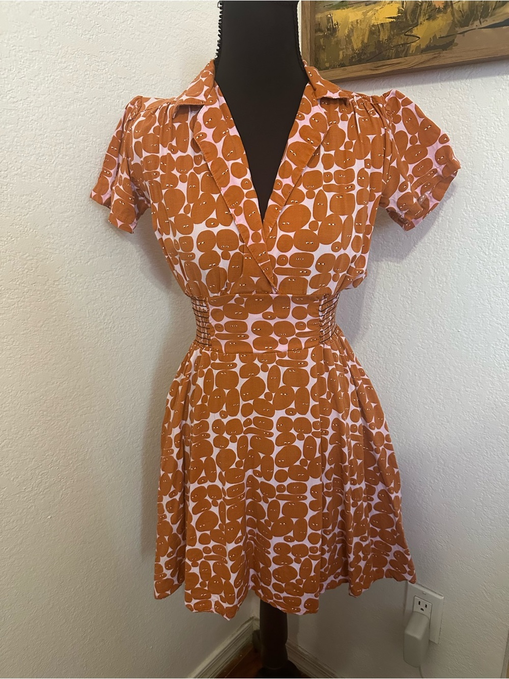 Nooworks The Leah Orange Printed Short Sleeve Fit-and-Flare Dress- Size XS